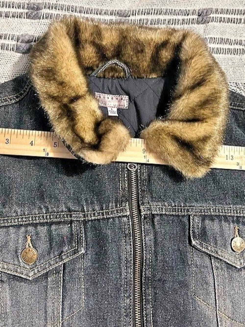 Giacca Jacket Womens Sz Large Blue Denim Faux Fur Collar Cuffs Lined Bomber - Picture 9 of 10